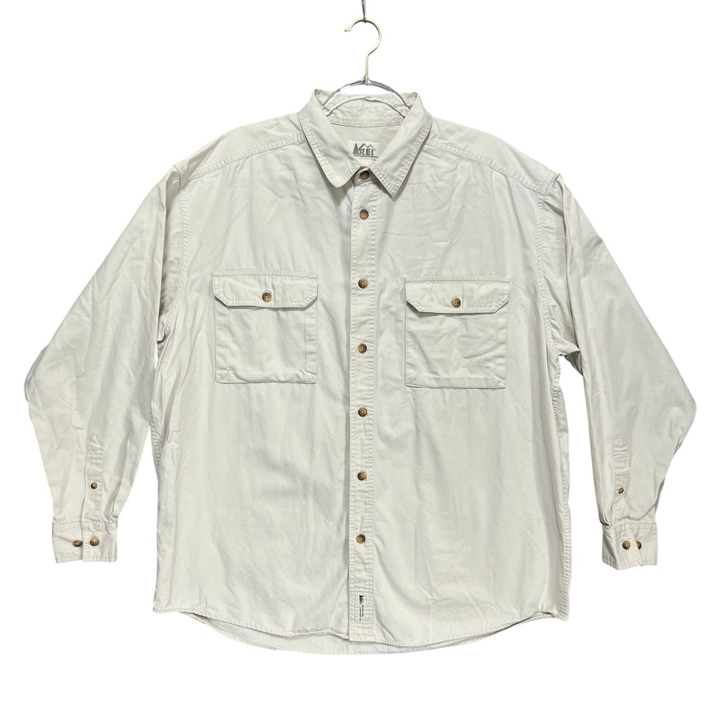REI Mens XL Long Sleeve Button Down Shirt Beige 100% Cotton Utility Outdoor